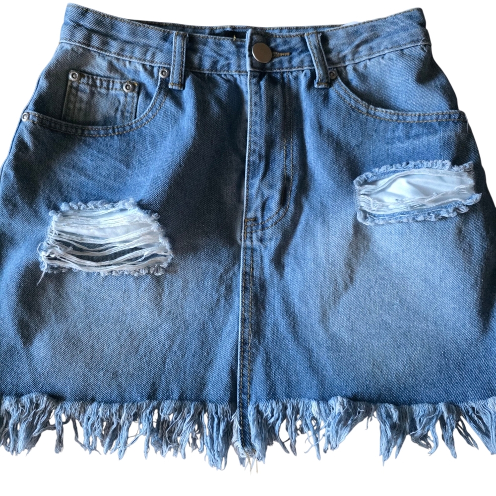 PrettyLittleThing Denim Frayed Hem Skater Skirt